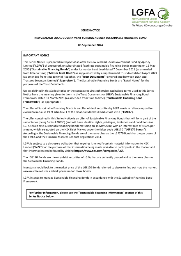 LGFA Series Notice Template Sustainable Financing Bond 15 May 2030 - QFP Tap of Existing Series.pdf